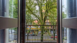 Uitzicht vanuit een raam met een metalen hekwerk, op een straat met bomen en geparkeerde auto's.