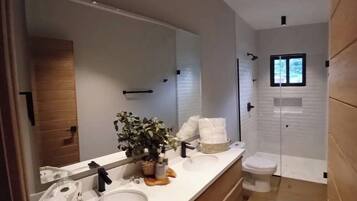 Hair dryer, towels, soap, toilet paper