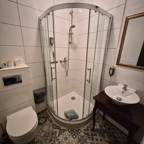Chuveiro, secador de cabelo, toalhas de banho, papel higiênico