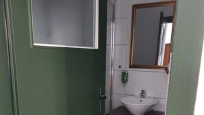 A bathroom with a green door, a white sink, and a mirror on the wall.
