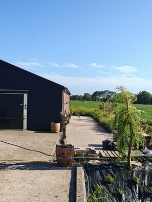 A building with a garage door, a pathway leading to a field, and a small tree in a planter. - Wonderful 1-bedroom apartment in Waarland for a relaxing stay. Near by the beach (Waarland)