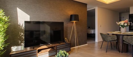 A modern living room with a flat-screen TV, a standing lamp, a dining area with chairs, and a decorative plant.