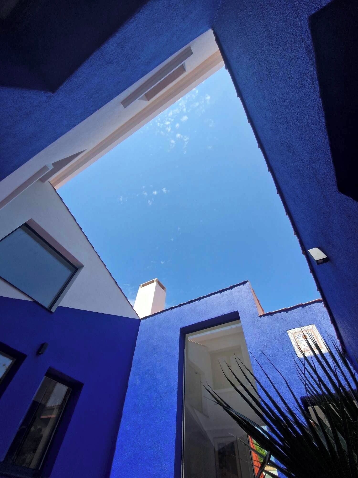 A modern building with a blue exterior, large windows, and a clear sky view.