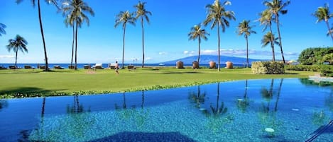 A clear blue infinity pool with a view of a golf course and palm trees.