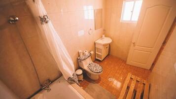 Hair dryer, towels, soap, toilet paper