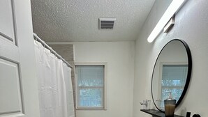 A bathroom with a white toilet, a white sink with a wooden countertop, a mirror, and a shower curtain. - Cozy 2-bedroom house in delightful San Antonio with AC (San Antonio)