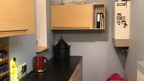 A compact kitchen with a sink, a kettle, a bottle of alcohol, and a refrigerator. - Classical large apartment on art deco Alberta street, FREE locked PARKING (Rīga)