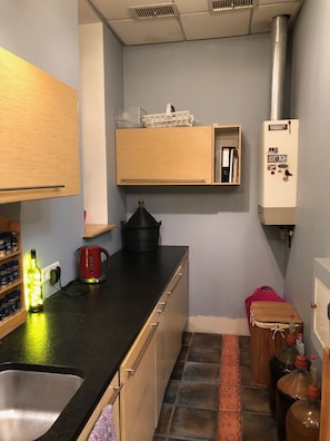 Eine kleine Küche mit Spüle, Wasserkocher, einer Flasche Alkohol und einem Kühlschrank.