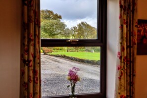 A window with floral curtains, a view of a gravel road, and a green landscape with trees. - Retreat Near National Parks (Torrington)