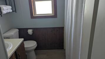 Shower, towels, soap, toilet paper