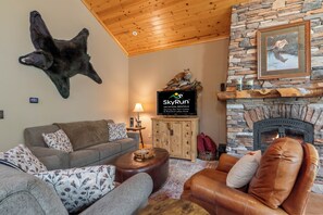 Ein gemütliches Wohnzimmer mit Kamin aus Stein, einem an der Wand aufgehängten Bärenfell und einem Fernseher, der SkyRun zeigt.