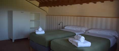 A bedroom with two beds, a wardrobe, and a sloped ceiling.