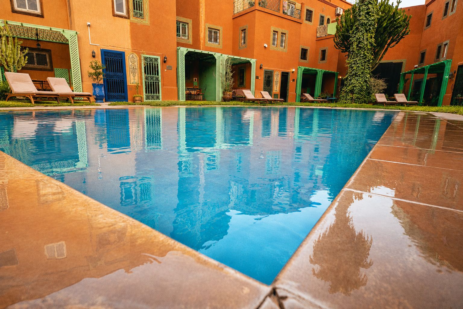 A swimming pool with clear blue water, surrounded by lounge chairs and a building with multiple windows and doors.