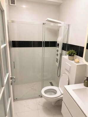 Ein modernes Badezimmer mit einer gläsernen Dusche, einer Toilette und einem Waschtisch mit Spiegel.