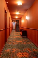 Un pasillo de hotel con alfombra estampada, paredes de madera y una escalera al final.