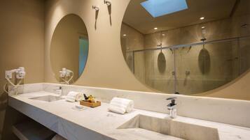 Hair dryer, towels, soap, shampoo