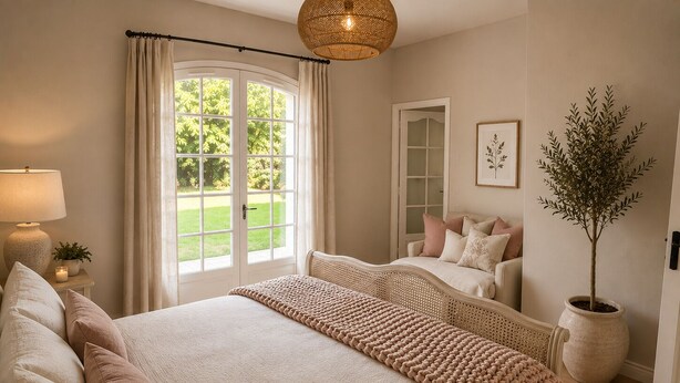 Une chambre avec un grand lit, une table de chevet avec une lampe, une fenêtre avec des rideaux, une plante en pot et une porte donnant sur une autre pièce.