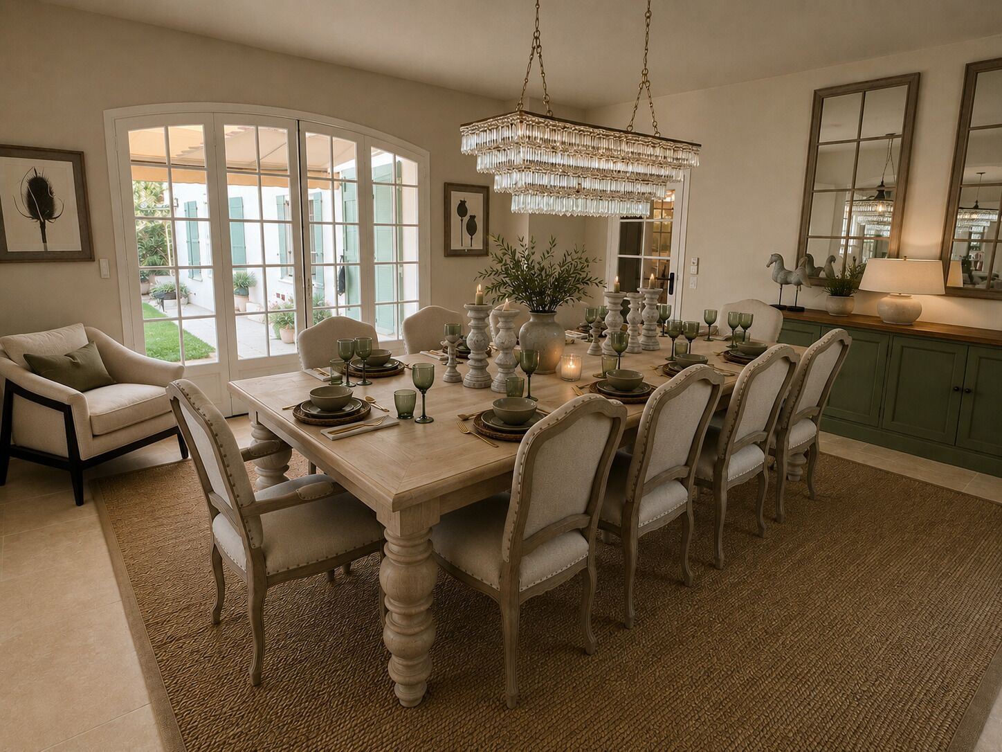 A dining area with a large table set for six, surrounded by chairs, a chandelier, and a view through glass doors.