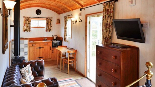 A cozy interior with a wooden ceiling, a sofa, a television, a fireplace, and a kitchen area.