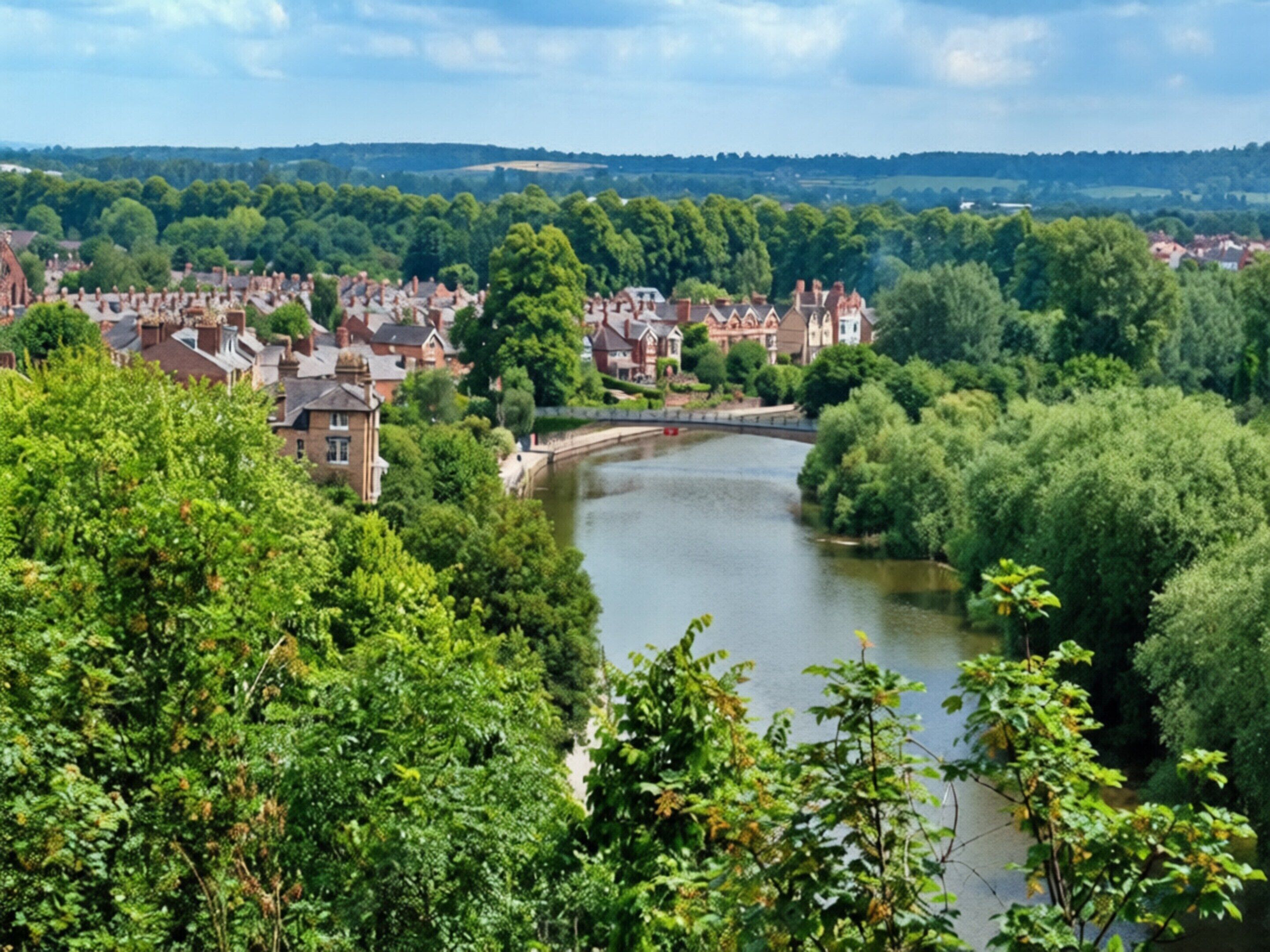 A river with a bridge, surrounded by lush greenery and residential buildings.