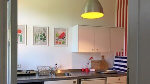 A compact kitchen with a gas stove, sink, and a small refrigerator. There are wall-mounted cabinets and a hanging light fixture.