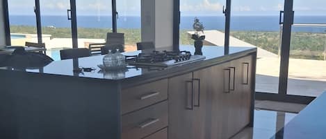 A modern kitchen with a large island, large windows, and a view of the ocean.