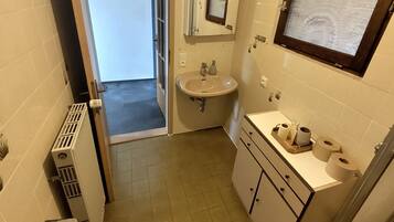 Shower, towels, soap, toilet paper