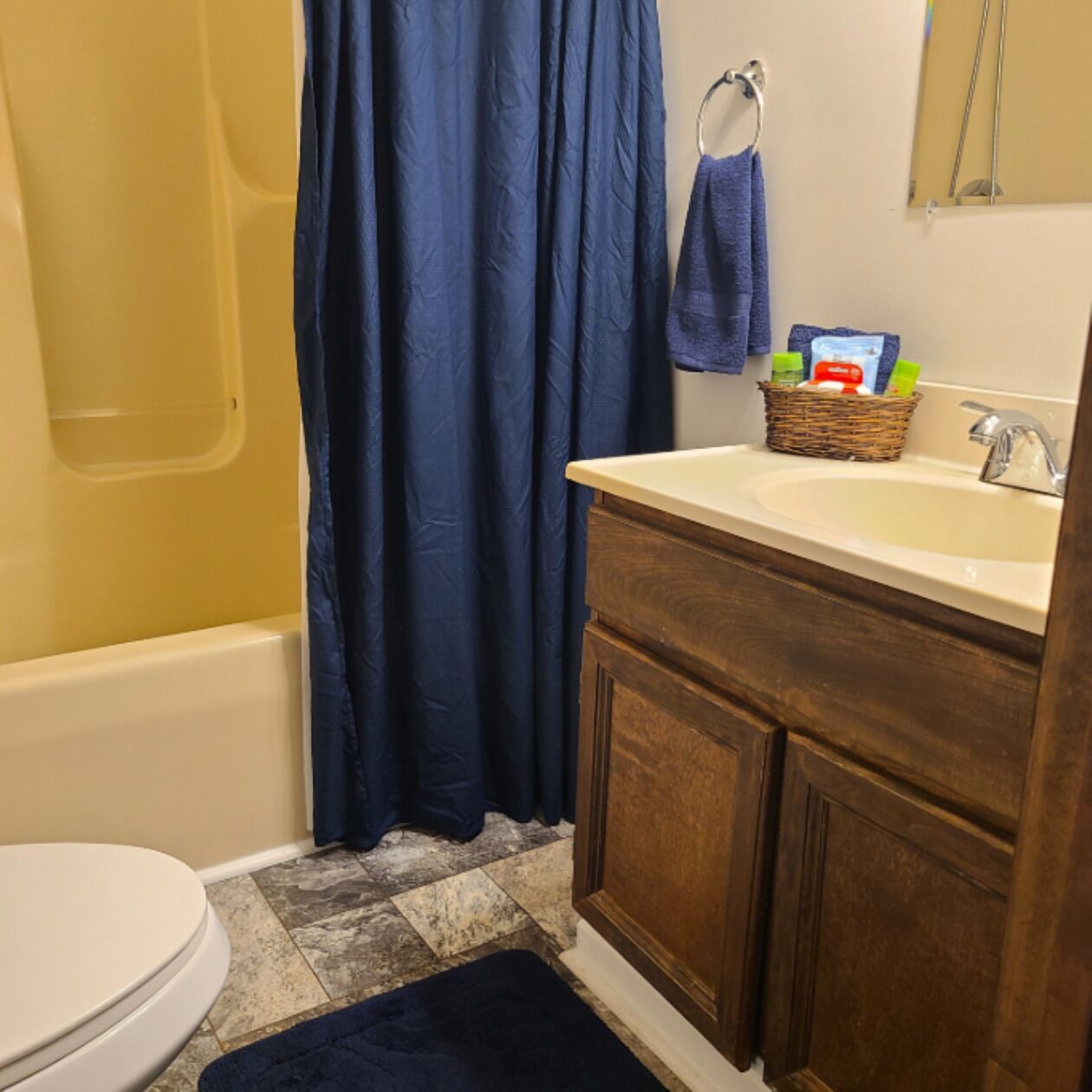 Hair dryer, towels, soap, toilet paper