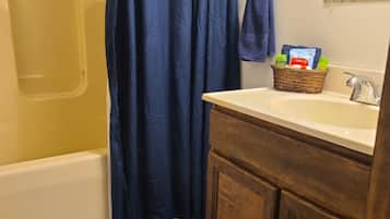 Hair dryer, towels, soap, toilet paper