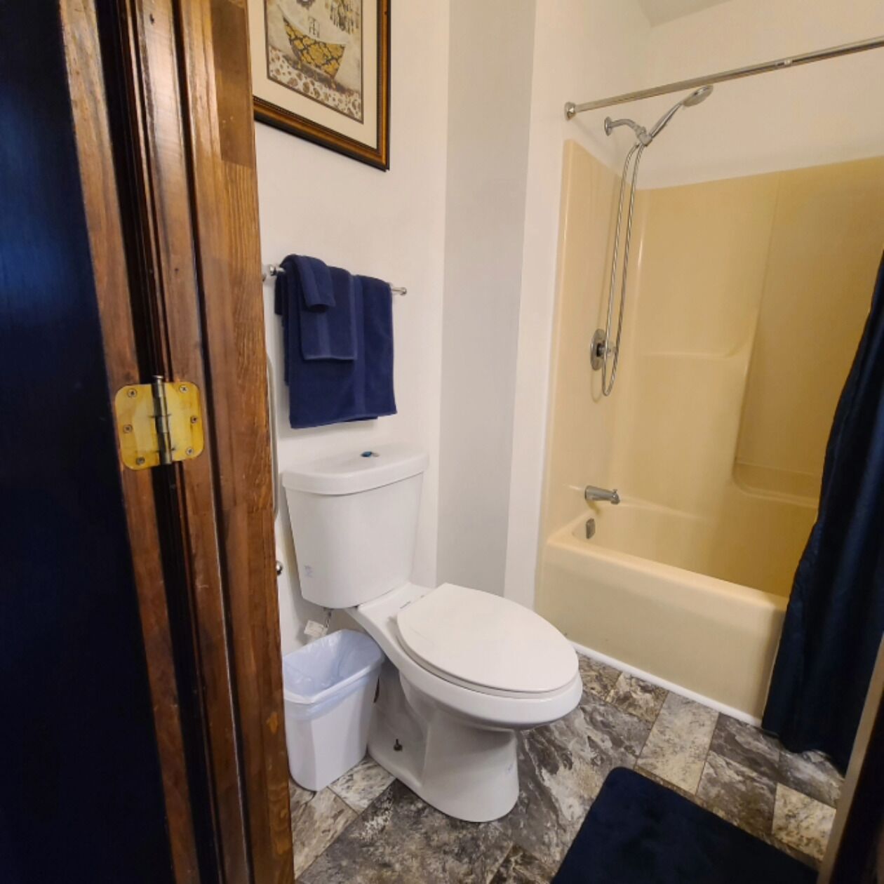 Hair dryer, towels, soap, toilet paper