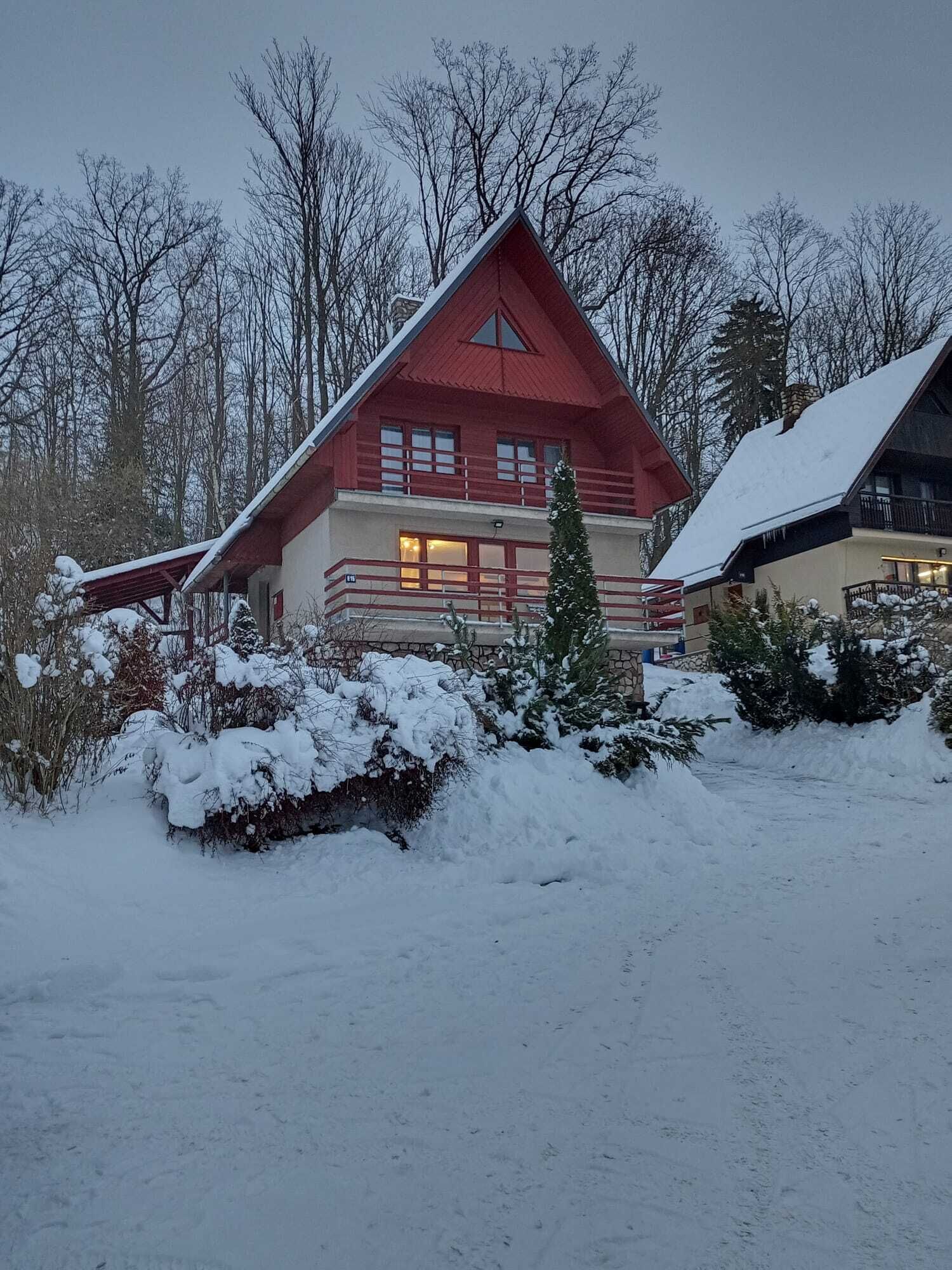 A red chalet-style building with a sloped roof, surrounded by snow-covered ground and trees.