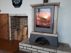 A wood-burning stove with a glass front, a dartboard, and a fireplace.