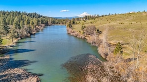 Une rivière bordée d’une forêt d’un côté et d’une colline herbeuse de l’autre.