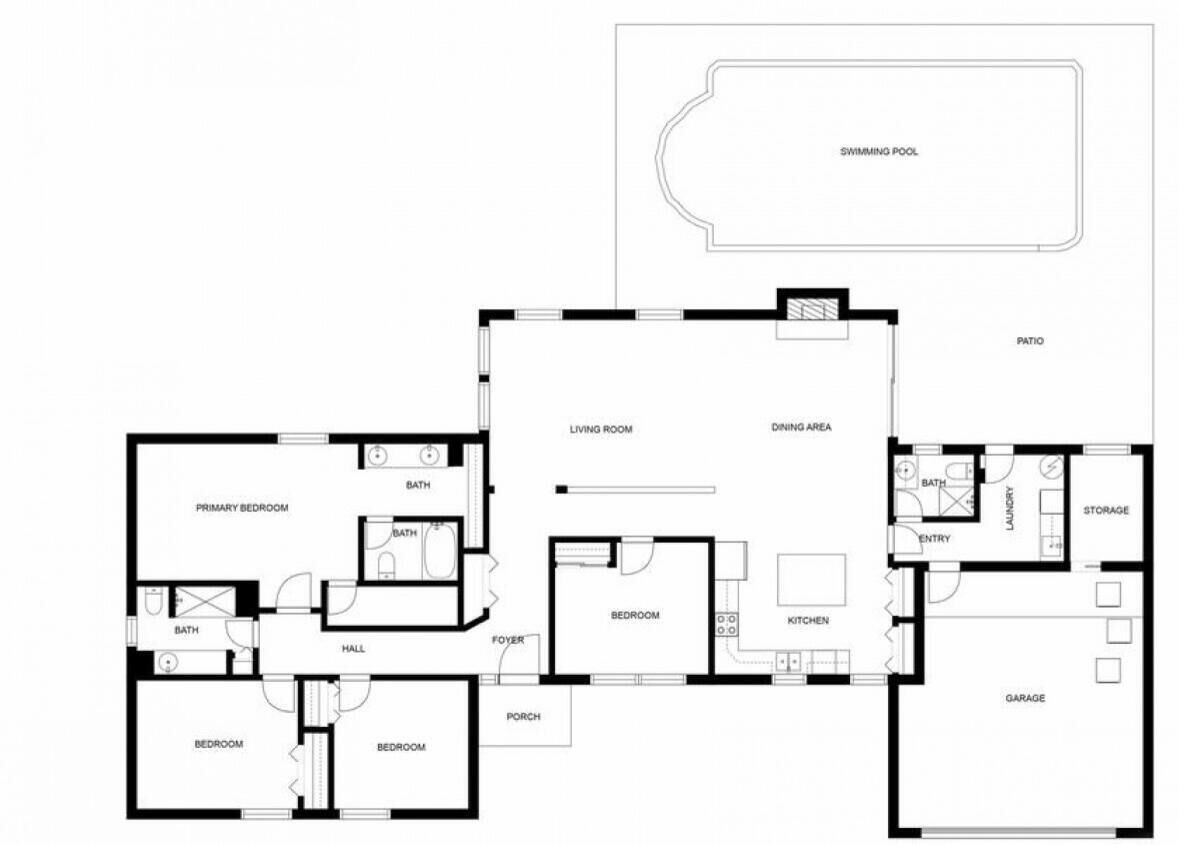 A floor plan with a swimming pool, patio, living room, dining area, primary bedroom, bathroom, foyer, bedrooms, kitchen, laundry, storage, entry, porch, and garage.