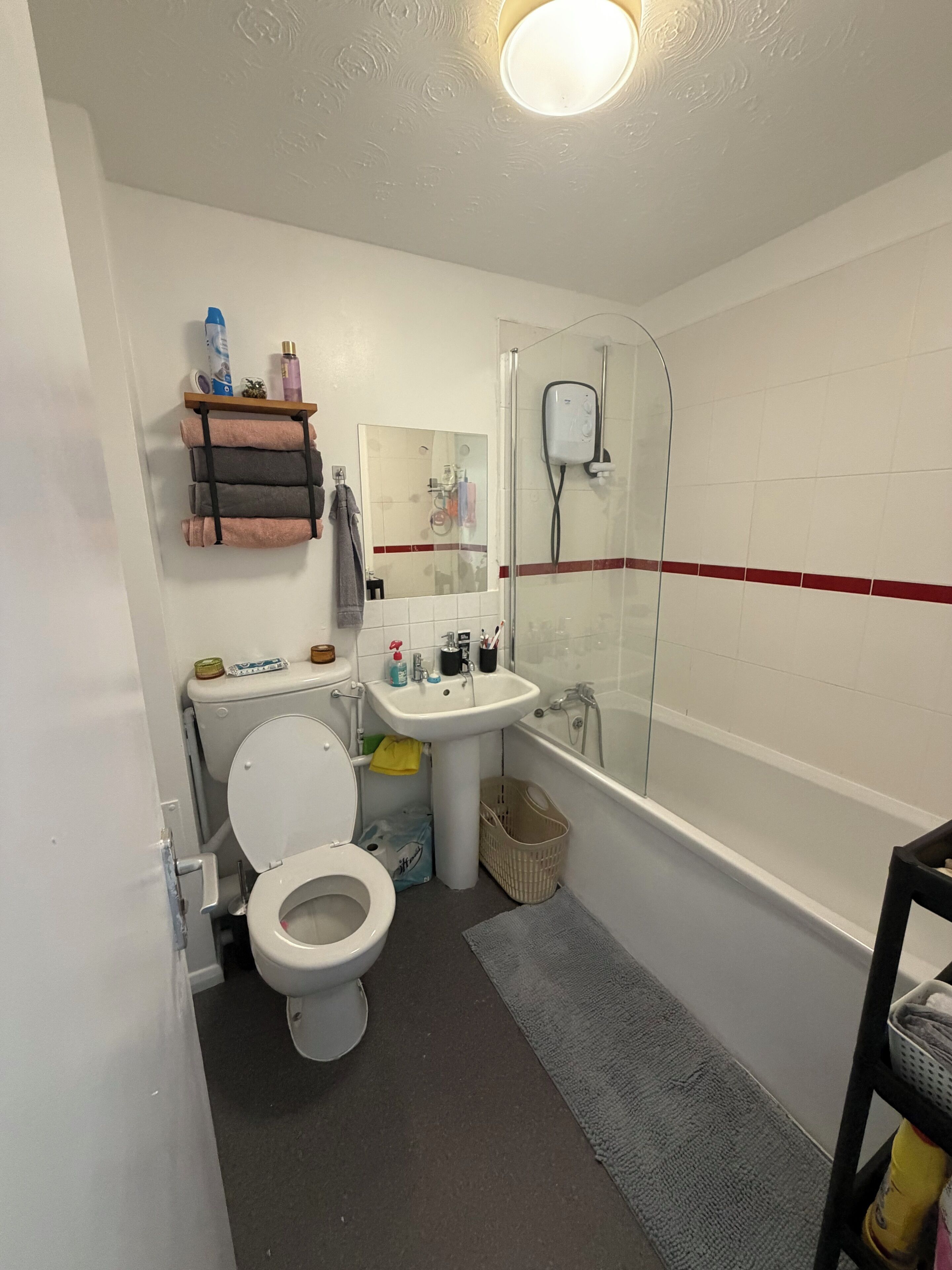Hair dryer, towels, soap, toilet paper