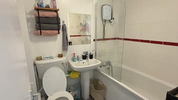 Hair dryer, towels, soap, toilet paper