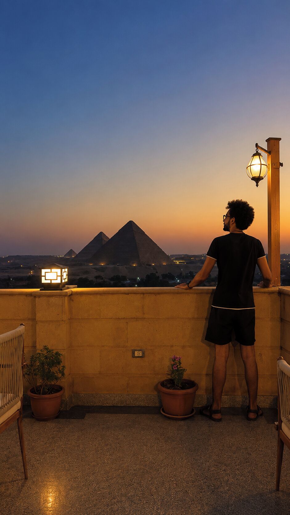 Une personne se tient sur un balcon d’où l’on aperçoit des pyramides au crépuscule.