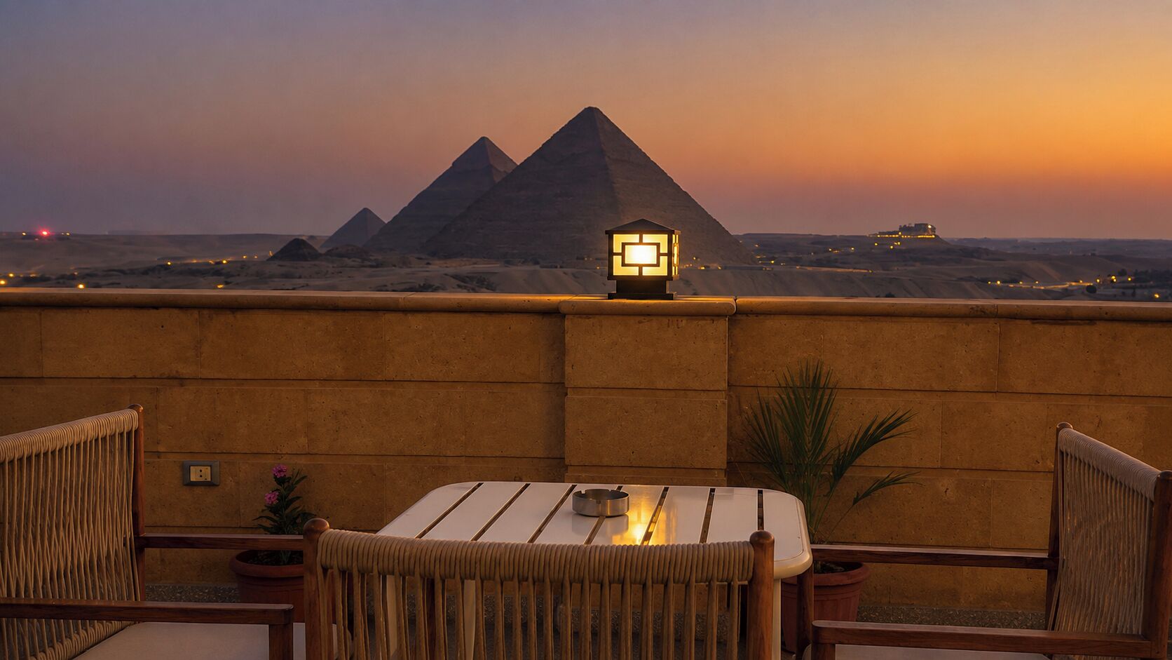 Une terrasse avec vue sur les pyramides, une table avec des chaises et une lampe.