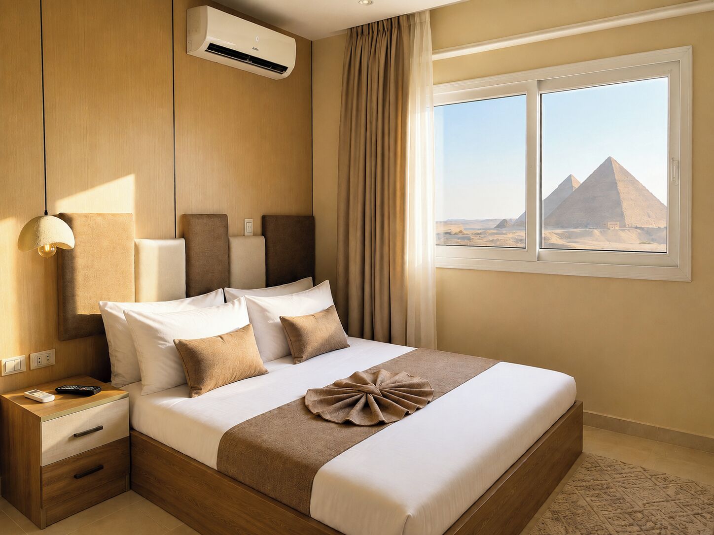 A hotel room with a bed, a nightstand, an air conditioning unit, a window with a view of pyramids, and a lamp.