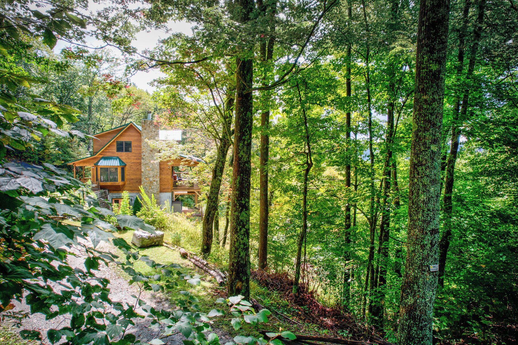 A cabin surrounded by dense forest with a stone wall and wooden deck.