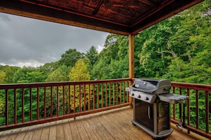 Un espacio al aire libre cubierto con una parrilla, una terraza de madera y vista a un bosque denso.