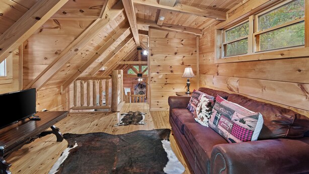 A log cabin interior with a wooden ceiling, a leather sofa, a television, and a cowhide rug. - Falling Waters (Banner Elk)