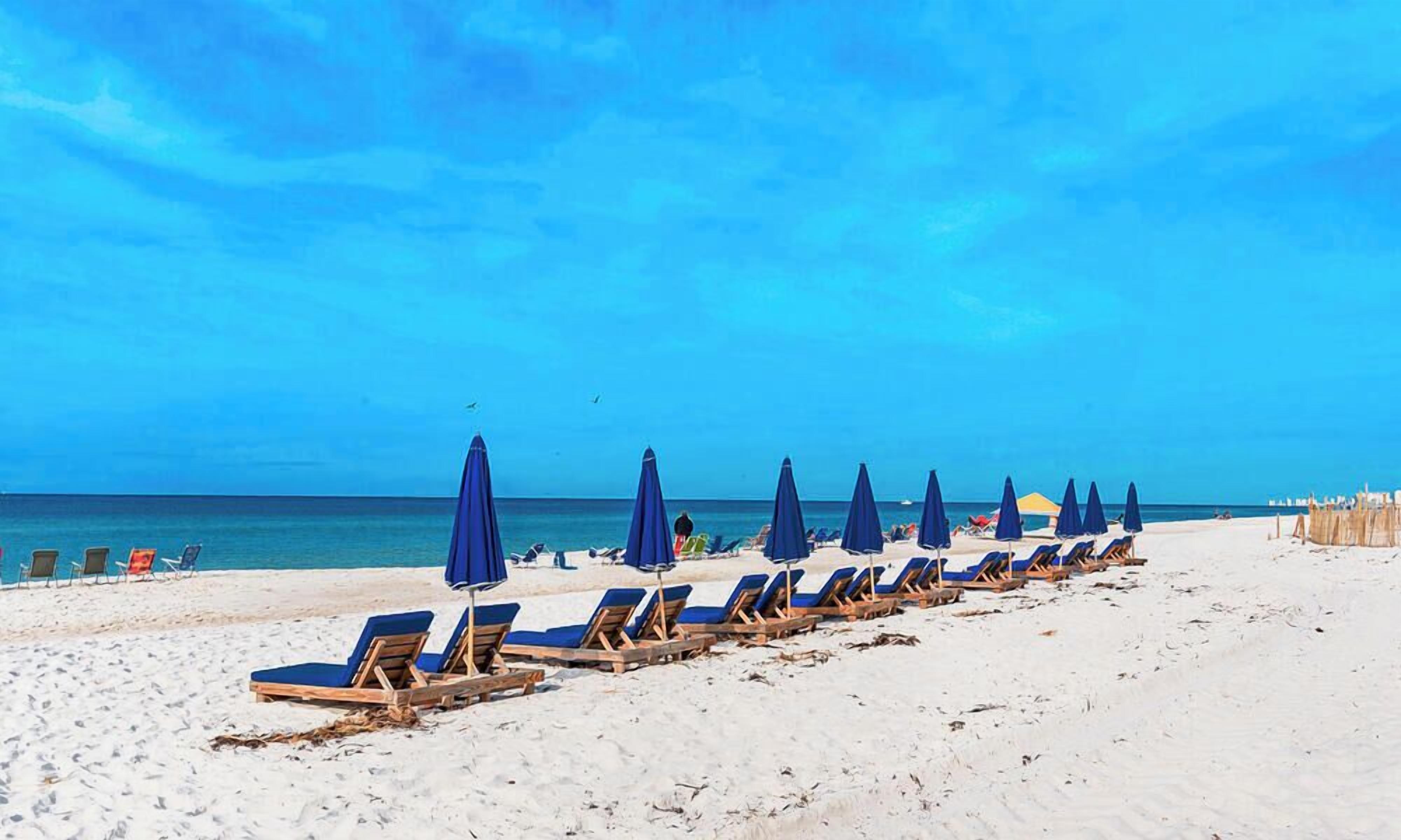 A beach with rows of sun loungers and umbrellas, a clear sky, and the ocean in the background.