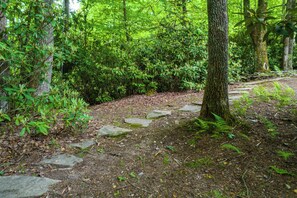 A forested area with a stone pathway. - Hebron Falls Cabin (Boone)