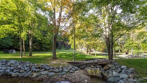 A natural landscape with a small stream, rocks, and trees. - Matney Ridge Estate (Banner Elk)