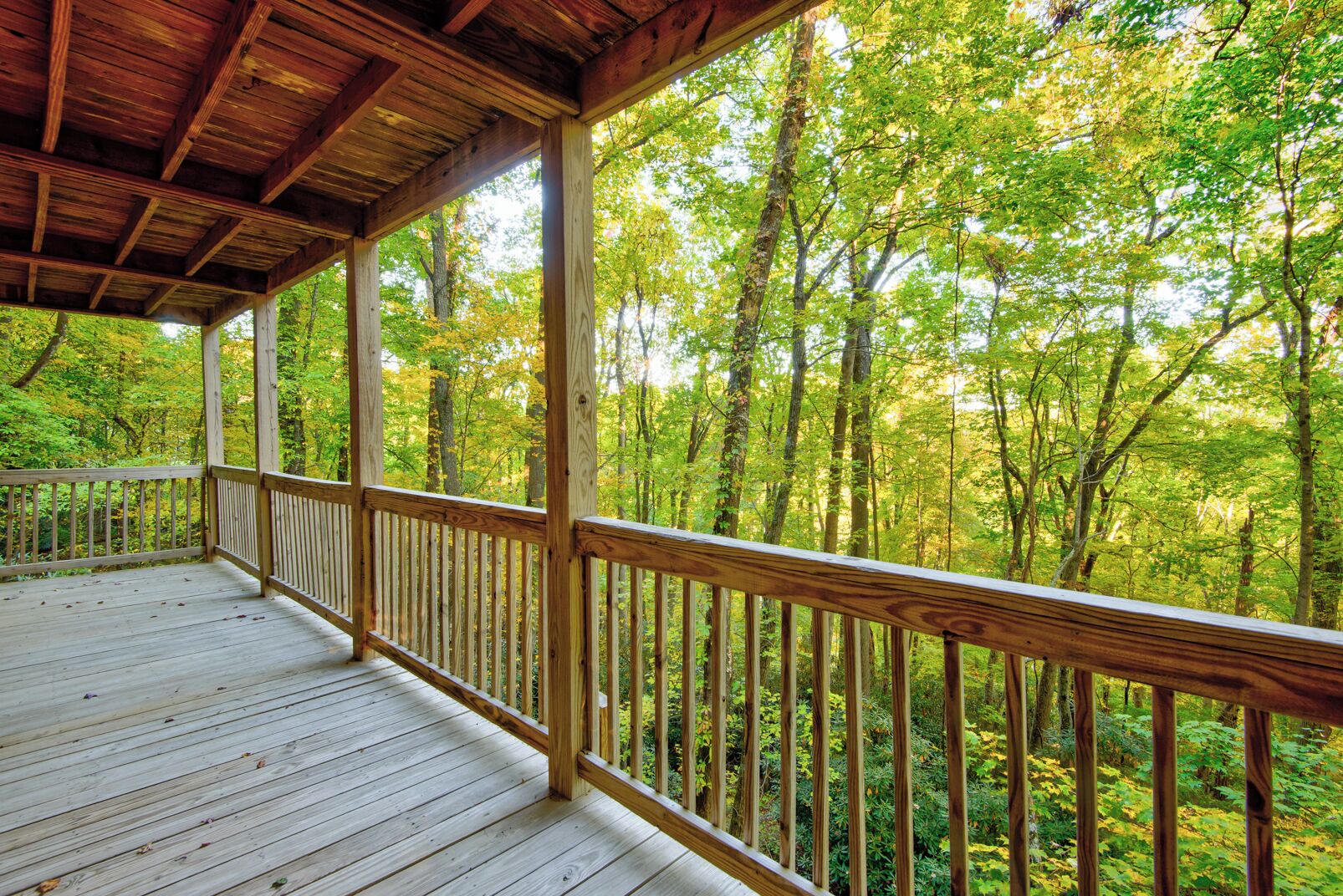 Une terrasse en bois, dotée de rampes, qui offre une vue sur une zone boisée.