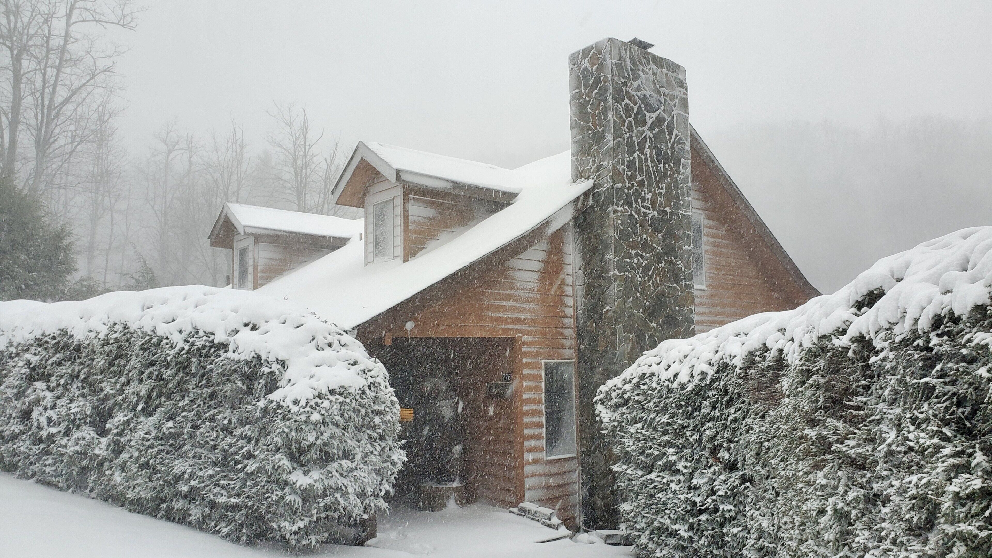A log cabin with a snow-covered roof and chimney, surrounded by snow-laden bushes.