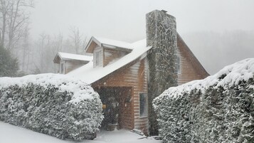 Una cabaña de troncos con techo nevado y chimenea, rodeada de arbustos cubiertos de nieve.