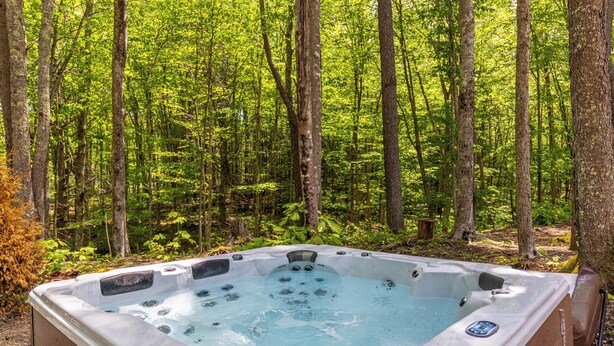 A hot tub in a forested area. - Stillness Springs at Eagles Nest (Banner Elk)