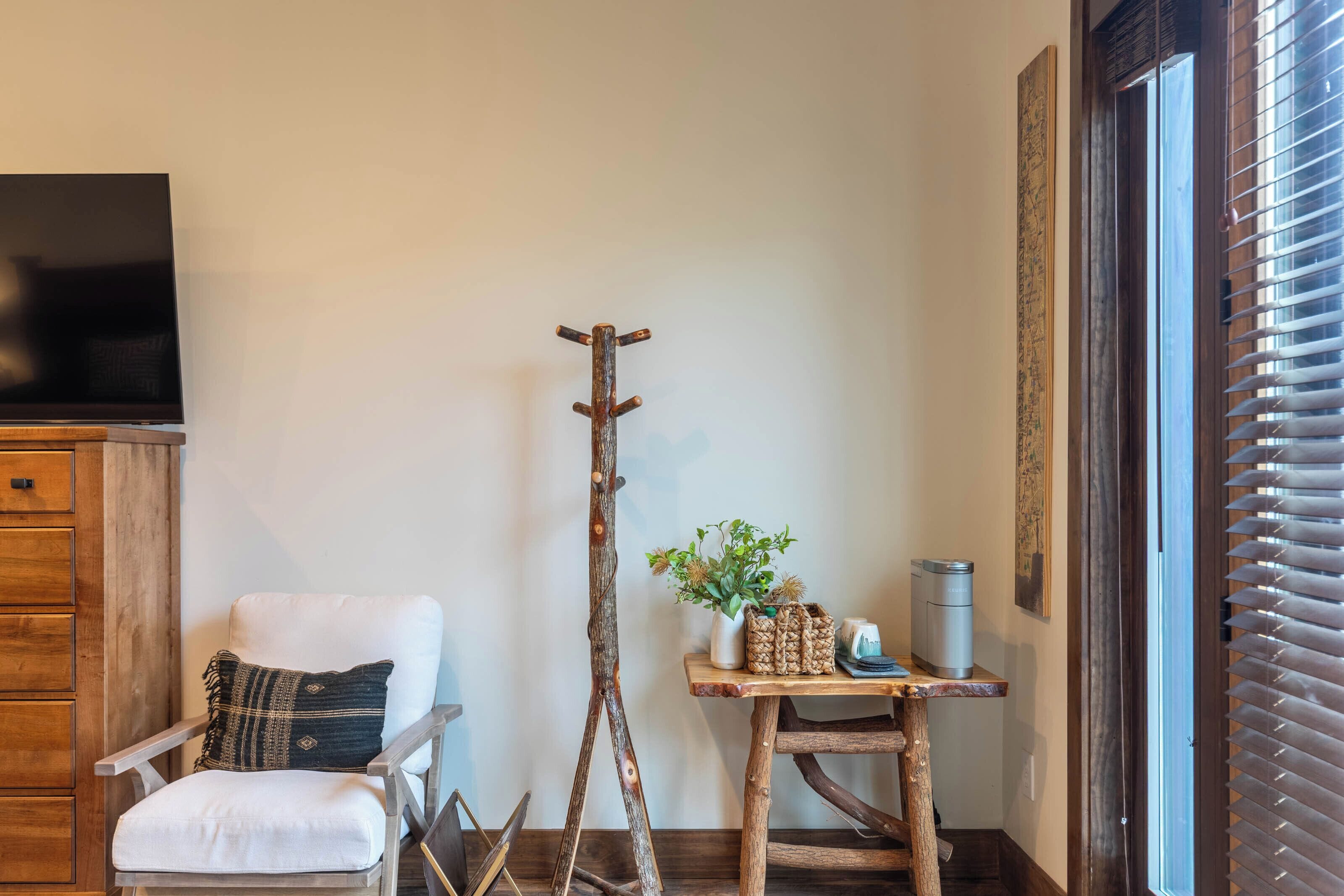 A room with a white chair, a wooden coat rack, a small table with a plant, a trash can, and a television on a wooden cabinet.